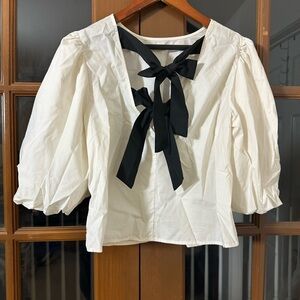 Divided White Puff Sleeve Blouse with Black Bow Back Detail